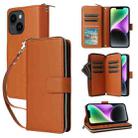 For iPhone 14 / 13 Nine-card Slots Zipper Wallet Bag Leather Phone Case(Brown) - 1