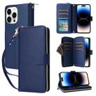 For iPhone 14 Pro Nine-card Slots Zipper Wallet Bag Leather Phone Case(Blue) - 1