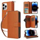 For iPhone 14 Pro Nine-card Slots Zipper Wallet Bag Leather Phone Case(Brown) - 1