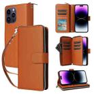 For iPhone 14 Pro Max Nine-card Slots Zipper Wallet Bag Leather Phone Case(Brown) - 1