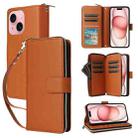 For iPhone 15 Nine-card Slots Zipper Wallet Bag Leather Phone Case(Brown) - 1