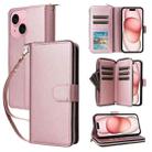 For iPhone 15 Nine-card Slots Zipper Wallet Bag Leather Phone Case(Rose Gold) - 1