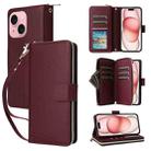 For iPhone 15 Plus / 14 Plus Nine-card Slots Zipper Wallet Bag Leather Phone Case(Wine Red) - 1