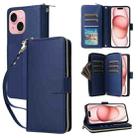 For iPhone 15 Plus / 14 Plus Nine-card Slots Zipper Wallet Bag Leather Phone Case(Blue) - 1