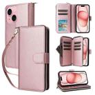 For iPhone 15 Plus / 14 Plus Nine-card Slots Zipper Wallet Bag Leather Phone Case(Rose Gold) - 1