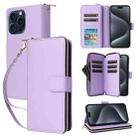 For iPhone 15 Pro Nine-card Slots Zipper Wallet Bag Leather Phone Case(Light Purple) - 1