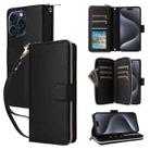 For iPhone 15 Pro Nine-card Slots Zipper Wallet Bag Leather Phone Case(Black) - 1