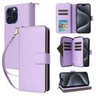 For iPhone 15 Pro Max Nine-card Slots Zipper Wallet Bag Leather Phone Case(Light Purple) - 1