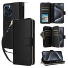 For iPhone 15 Pro Max Nine-card Slots Zipper Wallet Bag Leather Phone Case(Black) - 1