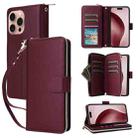 For iPhone 16 Pro Nine-card Slots Zipper Wallet Bag Leather Phone Case(Wine Red) - 1