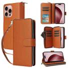 For iPhone 16 Pro Nine-card Slots Zipper Wallet Bag Leather Phone Case(Brown) - 1