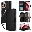 For iPhone 16 Pro Nine-card Slots Zipper Wallet Bag Leather Phone Case(Black) - 1