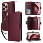 For iPhone 16 Pro Max Nine-card Slots Zipper Wallet Bag Leather Phone Case(Wine Red) - 1