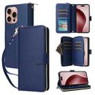 For iPhone 16 Pro Max Nine-card Slots Zipper Wallet Bag Leather Phone Case(Blue) - 1