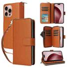 For iPhone 16 Pro Max Nine-card Slots Zipper Wallet Bag Leather Phone Case(Brown) - 1