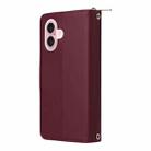 For iPhone 16 Nine-card Slots Zipper Wallet Bag Leather Phone Case(Wine Red) - 3