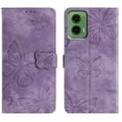 For Motorola Moto G35 Skin-feel Embossed Butterfly Leather Phone Case(Purple) - 1