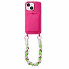 For iPhone 14 Plus Dopamine Card Slot Phone Case with Lanyard(Rose Red) - 1