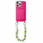 For iPhone 14 Pro Dopamine Card Slot Phone Case with Lanyard(Rose Red) - 1