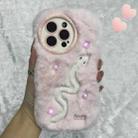 For iPhone 15 Pro Snake Embroidery Plush Silicone Phone Case(Snake And Pink) - 1