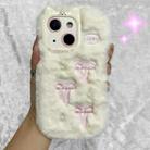 For iPhone 15 Plus Snake Embroidery Plush Silicone Phone Case(Bowknot And Beige) - 1