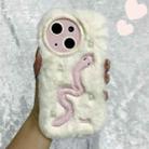 For iPhone 15 Plus Snake Embroidery Plush Silicone Phone Case(Snake And Beige) - 1