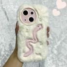 For iPhone 15 Snake Embroidery Plush Silicone Phone Case(Snake And Beige) - 1