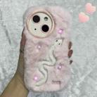 For iPhone 14 Plus Snake Embroidery Plush Silicone Phone Case(Snake And Pink) - 1