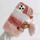 For iPhone 15 Pro Max Gold Diamond Flower Decorated Plush Silicone Phone Case with Pendant(Pink White) - 1