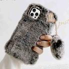 For iPhone 15 Pro Max Gold Diamond Flower Decorated Plush Silicone Phone Case with Pendant(Grey) - 1