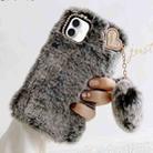 For iPhone 16 Plus Gold Diamond Flower Decorated Plush Silicone Phone Case with Pendant(Grey) - 1