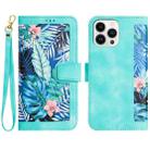 For iPhone 16 Pro Max Floral Pattern Leather Phone Case with Lanyard(Green) - 1