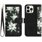 For iPhone 16 Pro Max Floral Pattern Leather Phone Case with Lanyard(Black) - 1