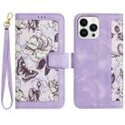 For iPhone 16 Pro Floral Pattern Leather Phone Case with Lanyard(Light Purple) - 1