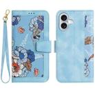 For iPhone 16 Plus Floral Pattern Leather Phone Case with Lanyard(Light Blue) - 1