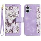 For iPhone 16 Plus Floral Pattern Leather Phone Case with Lanyard(Light Purple) - 1