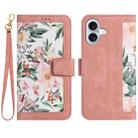 For iPhone 16 Plus Floral Pattern Leather Phone Case with Lanyard(Pink) - 1