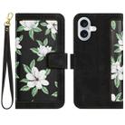 For iPhone 16 Plus Floral Pattern Leather Phone Case with Lanyard(Black) - 1