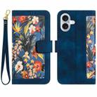 For iPhone 16 Plus Floral Pattern Leather Phone Case with Lanyard(Dark Blue) - 1