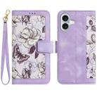 For iPhone 16 Floral Pattern Leather Phone Case with Lanyard(Light Purple) - 1