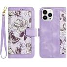 For iPhone 15 Pro Max Floral Pattern Leather Phone Case with Lanyard(Light Purple) - 1