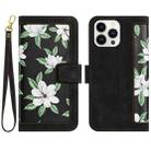 For iPhone 15 Pro Max Floral Pattern Leather Phone Case with Lanyard(Black) - 1