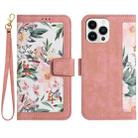 For iPhone 15 Pro Floral Pattern Leather Phone Case with Lanyard(Pink) - 1