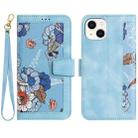 For iPhone 15 Plus Floral Pattern Leather Phone Case with Lanyard(Light Blue) - 1