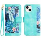 For iPhone 15 Floral Pattern Leather Phone Case with Lanyard(Green) - 1