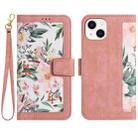 For iPhone 15 Floral Pattern Leather Phone Case with Lanyard(Pink) - 1