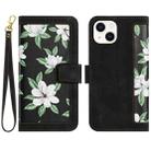 For iPhone 15 Floral Pattern Leather Phone Case with Lanyard(Black) - 1