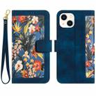 For iPhone 15 Floral Pattern Leather Phone Case with Lanyard(Dark Blue) - 1