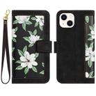 For iPhone 14 Plus Floral Pattern Leather Phone Case with Lanyard(Black) - 1