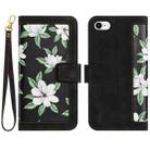 For iPhone SE 2022 / 2020 Floral Pattern Leather Phone Case with Lanyard(Black) - 1